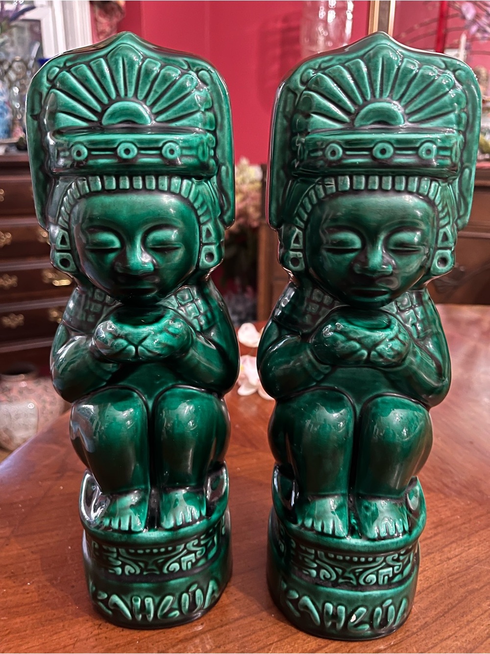 Vintage Kahlua Aztec Idol Ceramic Decanter Bottles -Green Tiki Bar Set of 2